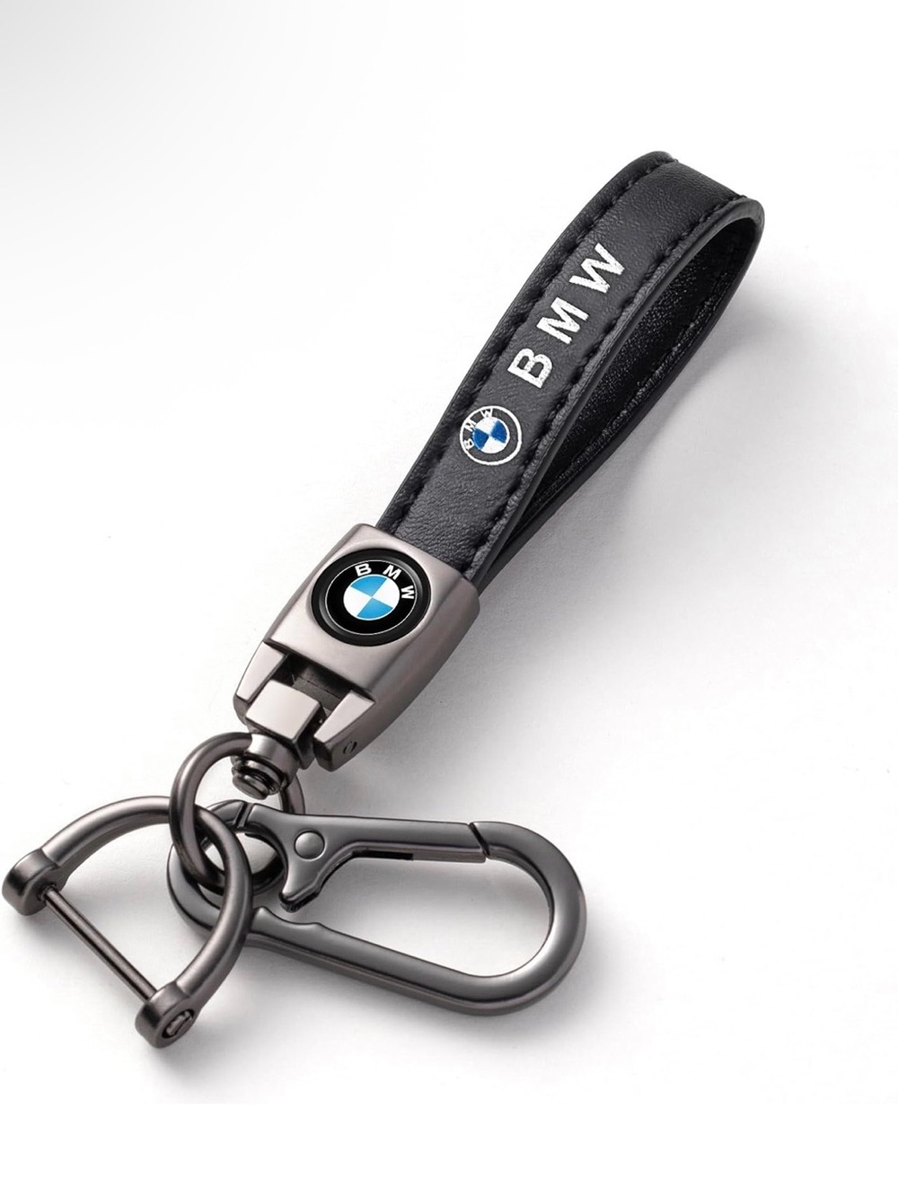 BMW Black Leather Keychain with Gunmetal Clip and Emblem